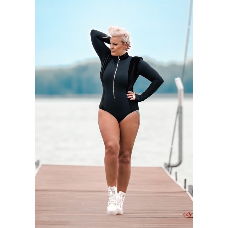 Wolfly damskie body z poduszkami limitowane z welurowymi wstawkami z golfem rozpinane czarne - 3