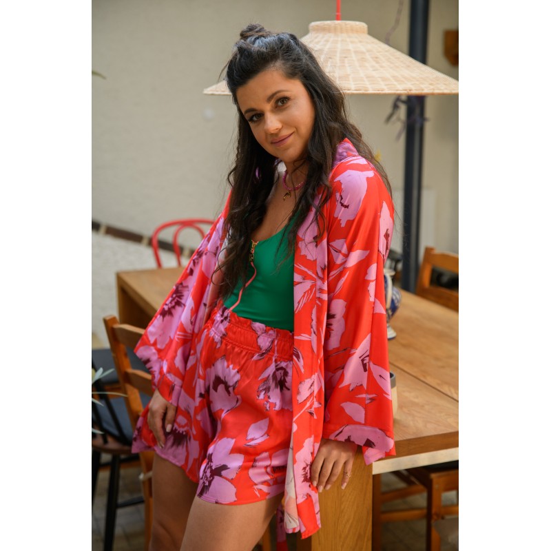 Wolfly damskie kimono plażowe luźny szlafrok na lato w kwiaty różowy czerwony - 4