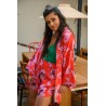 Wolfly damskie kimono plażowe luźny szlafrok na lato w kwiaty różowy czerwony - 4