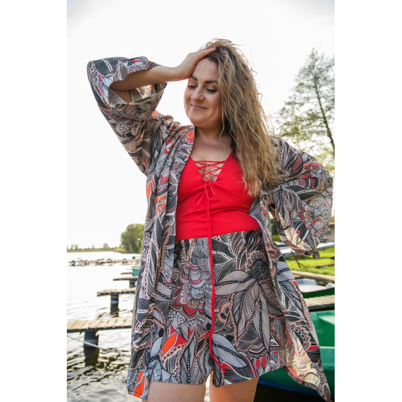 Wolfly damskie kimono plażowe luźny szlafrok na lato w liście szary - 3