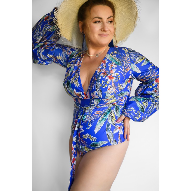 Wolfly damski strój kąpielowy z długim rękawem w stylu boho niebieski w kwiaty - 7