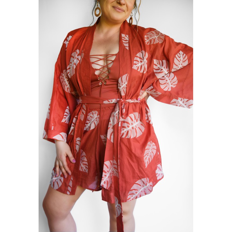 Wolfly damskie lekkie kimono plażowe luźny szlafrok na lato ceglasty wyszywany monstery - 3