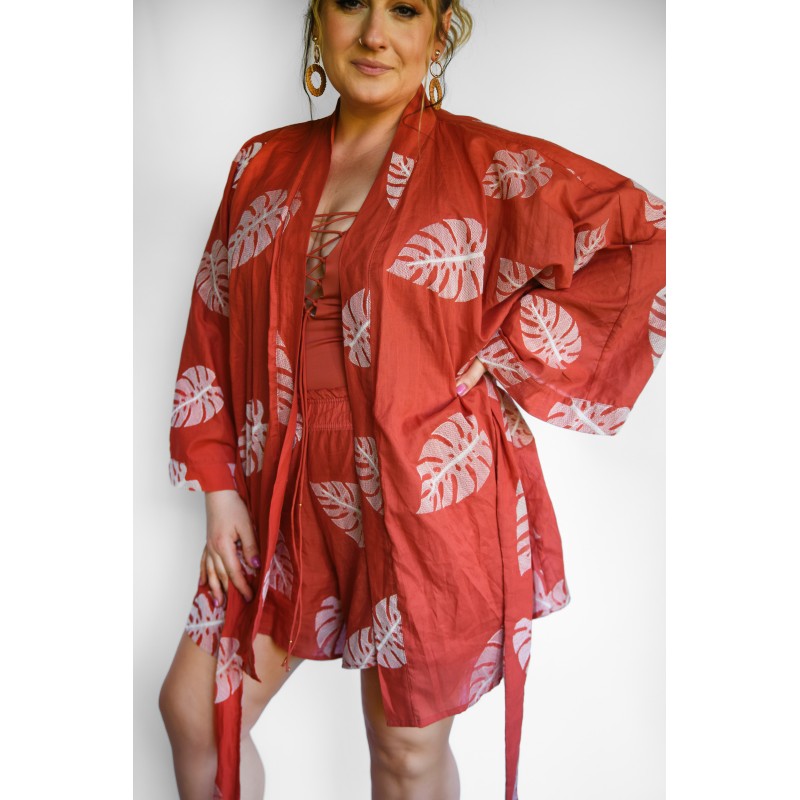 Wolfly damskie lekkie kimono plażowe luźny szlafrok na lato ceglasty wyszywany monstery - 4