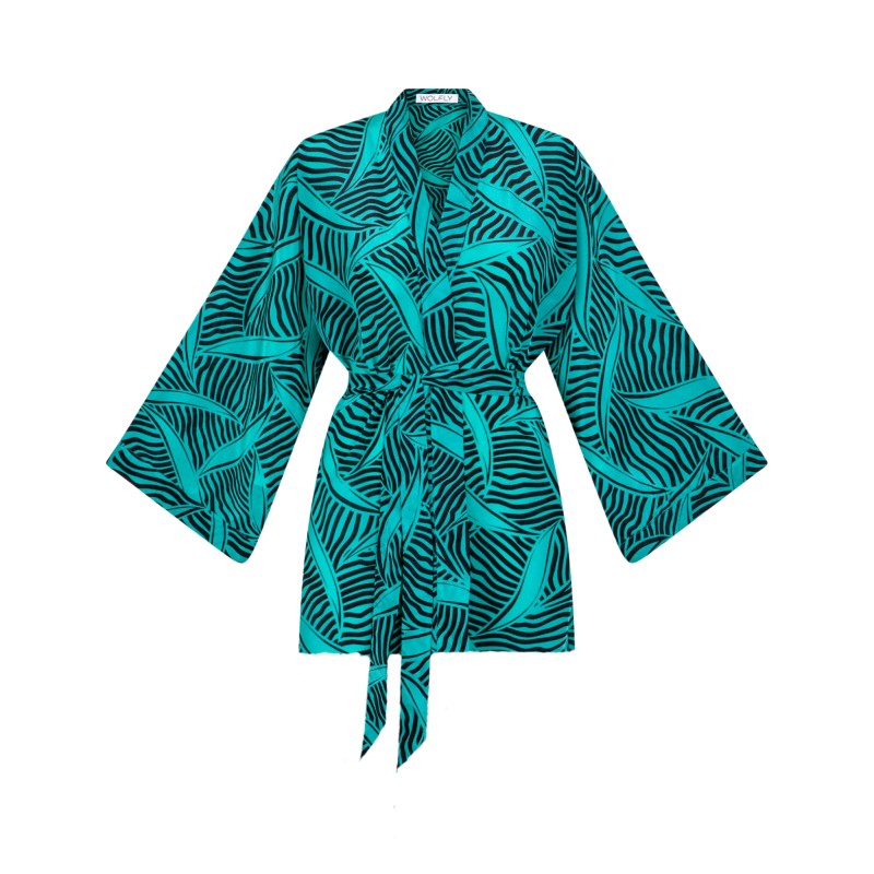 Wolfly damski szlafrok z wiązaniem Kimono JEDWABNE krótkie turkusowe - 5