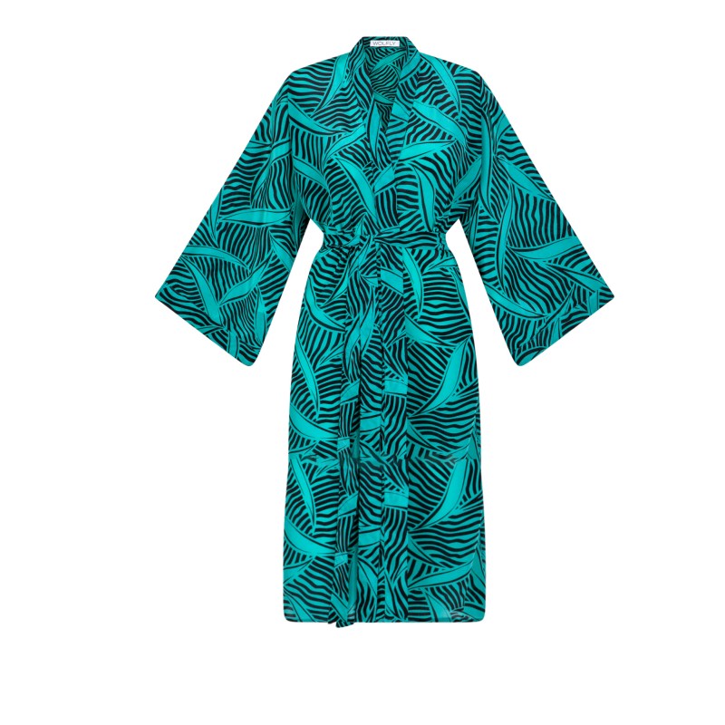 Wolfly damski szlafrok z wiązaniem Kimono JEDWABNE długie turkusowe - 5