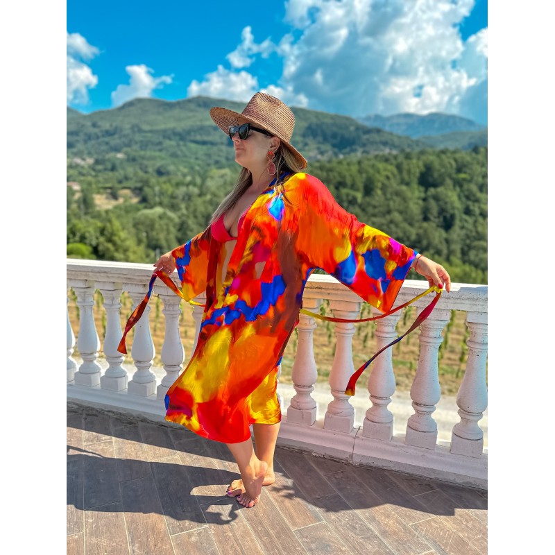 Wolfly damski szlafrok plażowy Kimono JEDWABNe pomarańczowe - 1