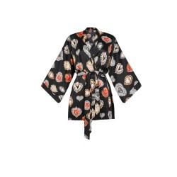 Wolfly damski szlafrok wiązany Kimono JEDWABNE krótkie czarne serce - 1
