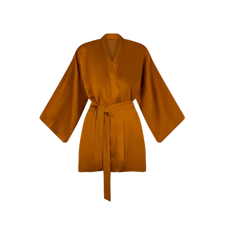 Wolfly damskie kimono lniane krótkie szlafrok z lnu złote miedziane z połyskiem - 2