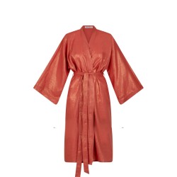 Wolfly damskie długie kimono z lnu szlafrok lniany morelowe z połyskiem - 1