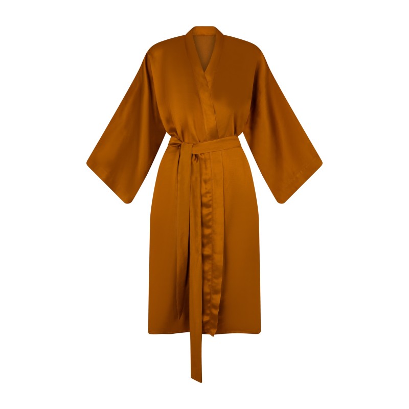 Wolfly damskie lniane kimono z lnu szlafrok złote miedziane - 1