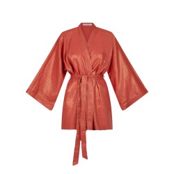 Wolfly damskie kimono lniane krótkie szlafrok z lnu morelowe z połyskiem - 2