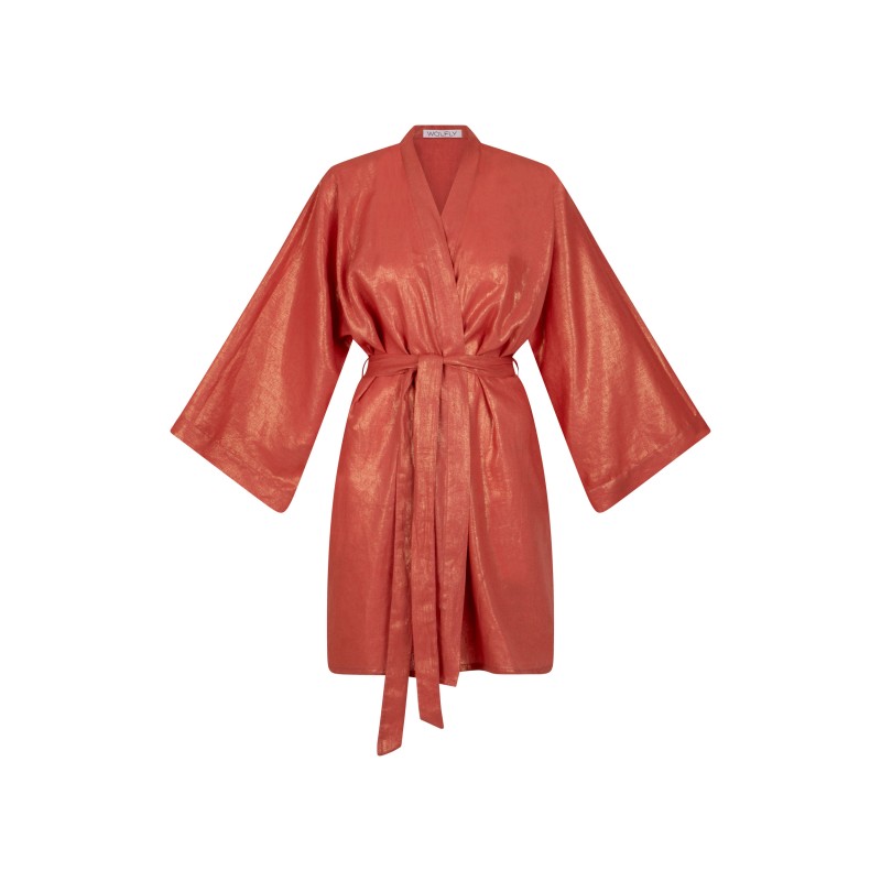 Wolfly damskie kimono lniane szlafrok z lnu morelowe z połyskiem - 2