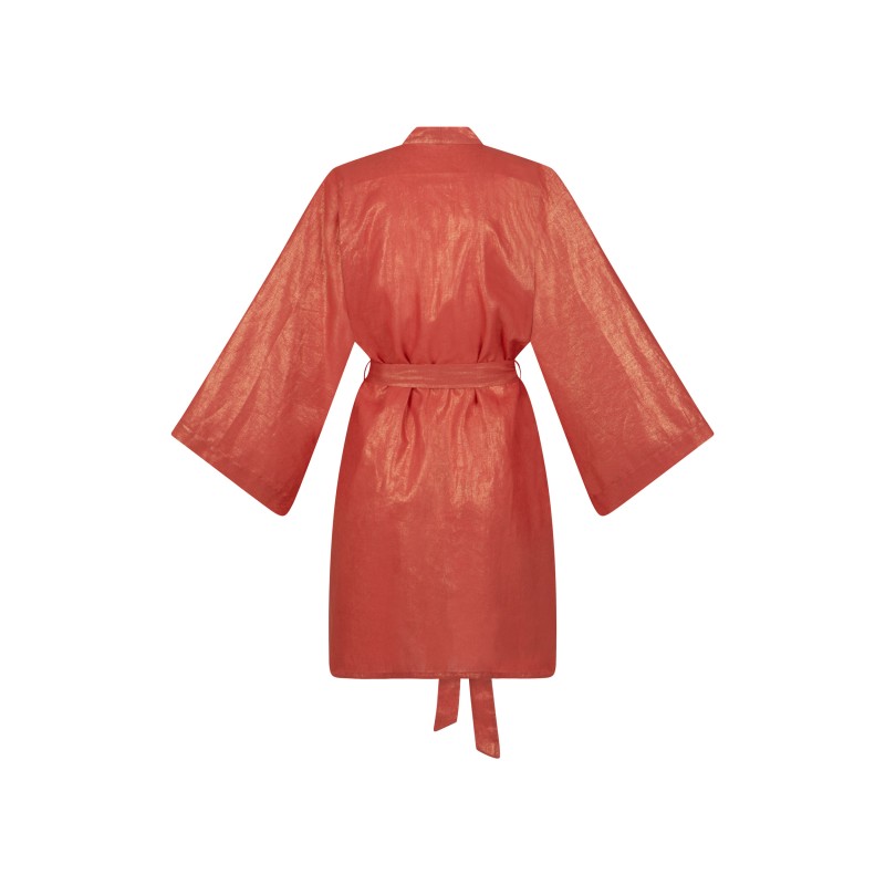 Wolfly damskie kimono lniane szlafrok z lnu morelowe z połyskiem - 3