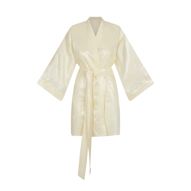 Wolfly damskie kimono lniane szlafrok z lnu wiązane pastelowy żółty połysk - 1