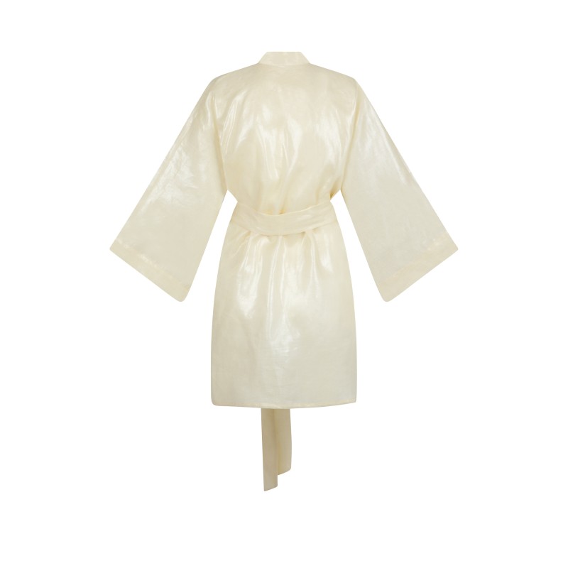 Wolfly damskie kimono lniane szlafrok z lnu wiązane pastelowy żółty połysk - 2
