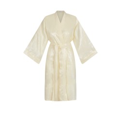 Wolfly damskie długie kimono lniane szlafrok z lnu wiązane pastelowy żółty połysk - 2