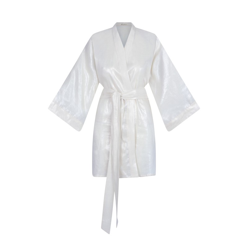 Wolfly damskie kimono lniane szlafrok z lnu białe błyszczące - 2