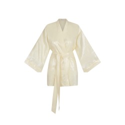 Wolfly damskie kimono lniane krótkie szlafrok z lnu wiązany pastelowy żółty połysk - 1