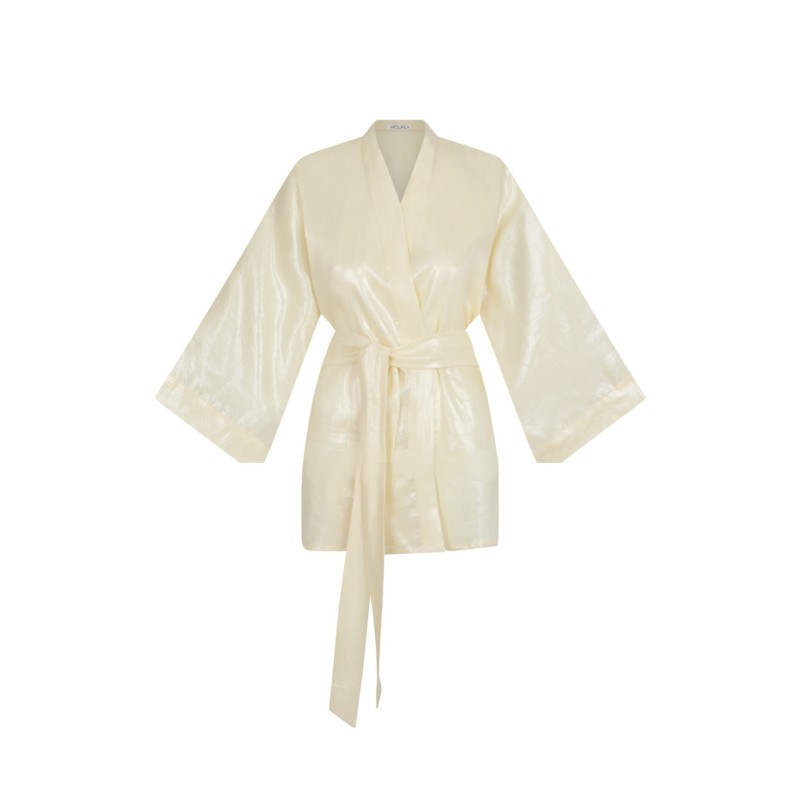 Wolfly damskie kimono lniane krótkie szlafrok z lnu wiązany pastelowy żółty połysk - 1