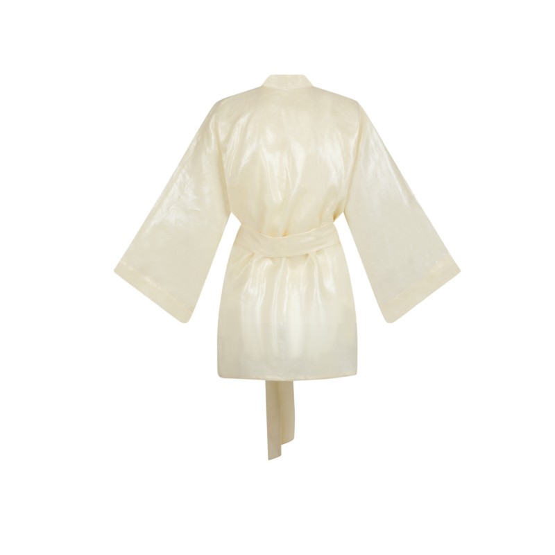 Wolfly damskie kimono lniane krótkie szlafrok z lnu wiązany pastelowy żółty połysk - 2