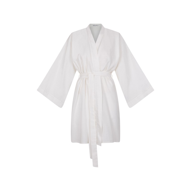 Wolfly damskie kimono lniane szlafrok z lnu wiązany biały - 1