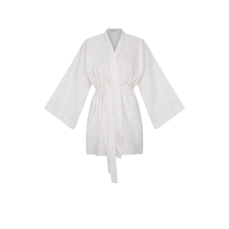 Wolfly damskie kimono lniane krótkie szlafrok z lnu białe - 1