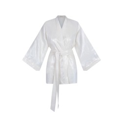 Wolfly damskie krótkie kimono z lnu szlafrok lniany białe z połyskiem - 1