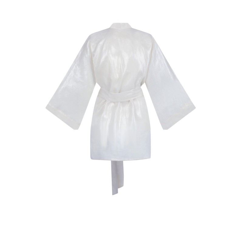 Wolfly damskie krótkie kimono z lnu szlafrok lniany białe z połyskiem - 2