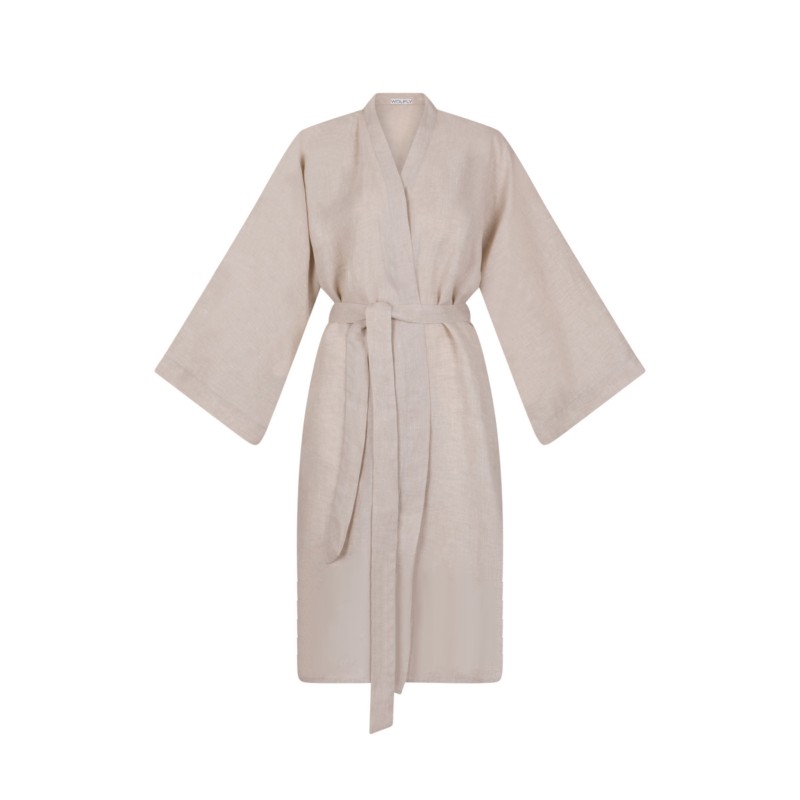 Wolfly damskie kimono długie lniane szlafrok wiązany z lnu naturalne - 1
