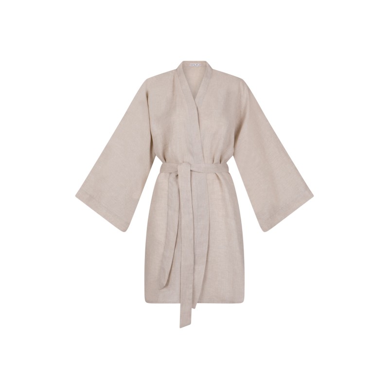 Wolfly damskie kimono lniane szlafrok z lnu wiązane naturalne - 2