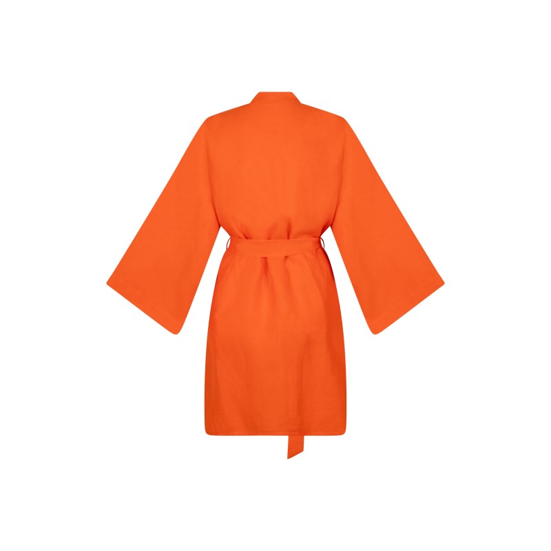 Wolfly damskie kimono lniane szlafrok z lnu wiązany pomarańczowy - 1