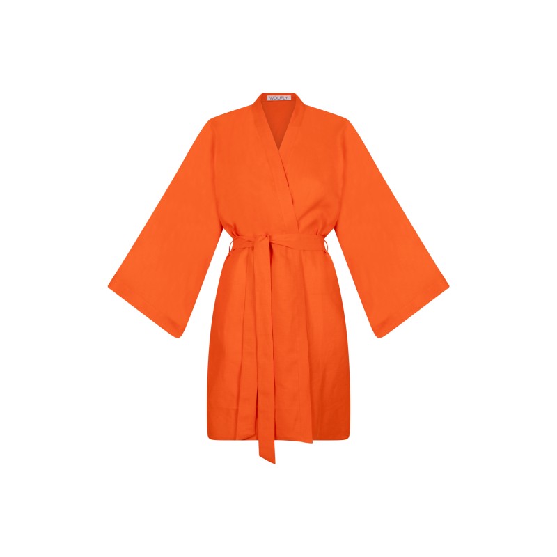 Wolfly damskie kimono lniane szlafrok z lnu wiązany pomarańczowy - 2