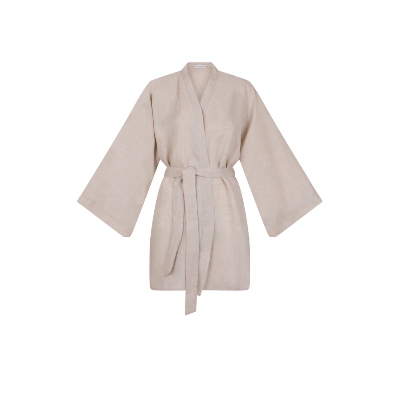 Wolfly damskie krótkie kimono z lnu szlafrok lniany naturalny - 1