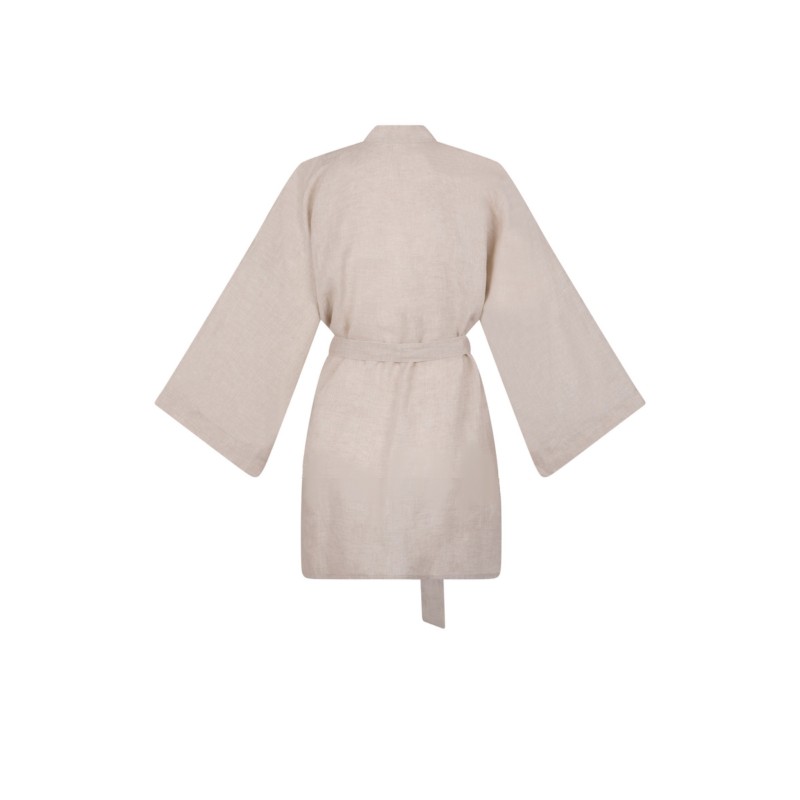 Wolfly damskie krótkie kimono z lnu szlafrok lniany naturalny - 2