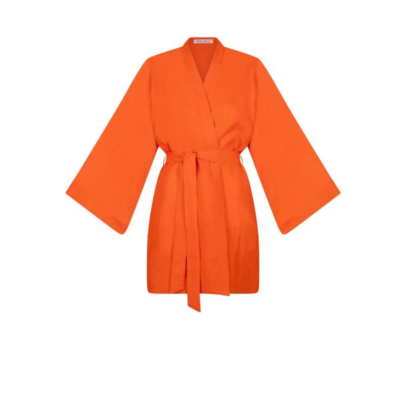 Wolfly damskie kimono z lnu krótkie szlafrok lniany pomarańczowy - 2