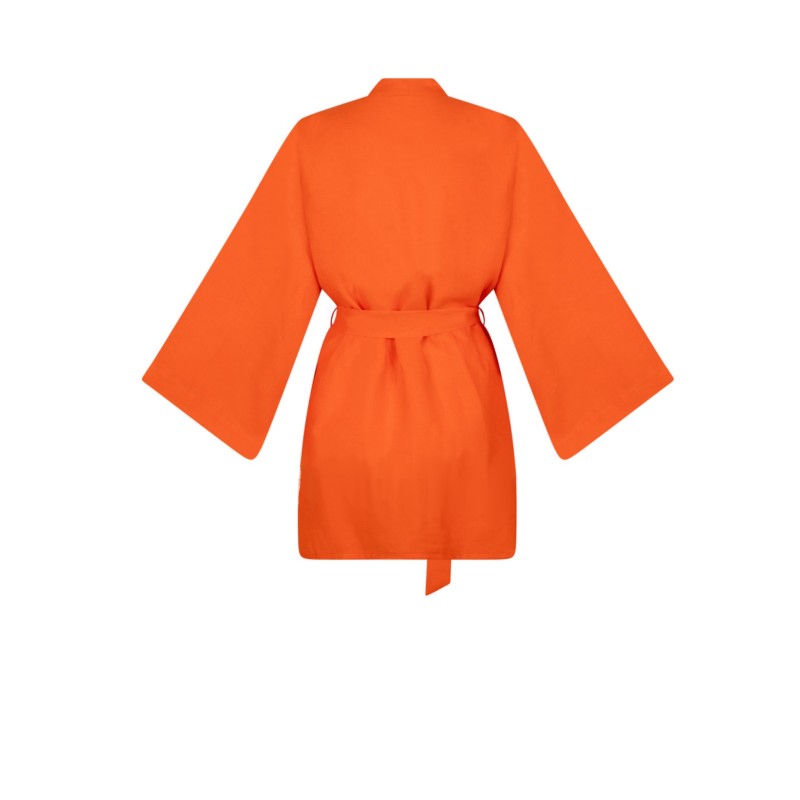 Wolfly damskie kimono z lnu krótkie szlafrok lniany pomarańczowy - 3