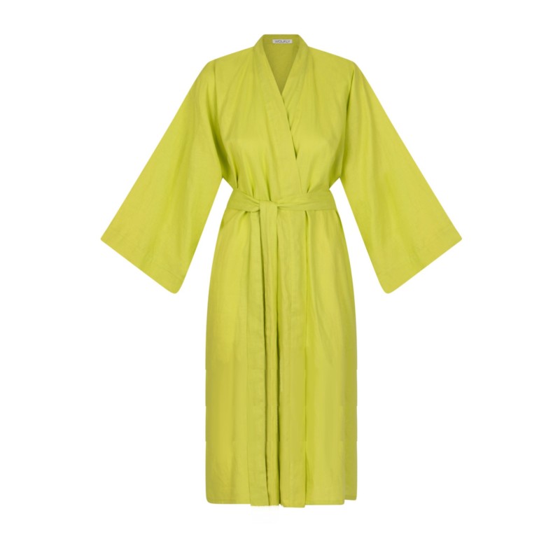Wolfly damskie kimono długie lniane szlafrok z lnu limonka - 1