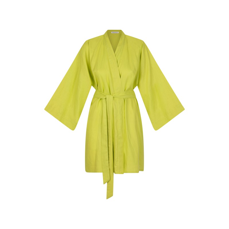 Wolfly damskie kimono lniane szlafrok z lnu wiązane limonka - 1