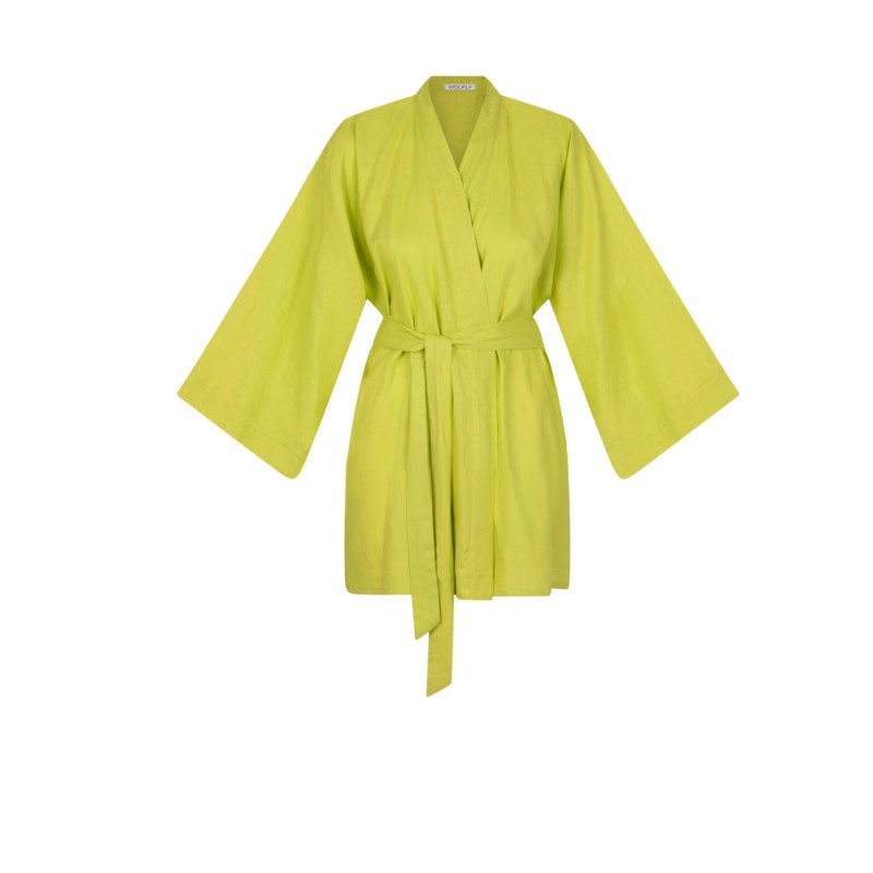 Wolfly damskie kimono lniane krótkie szlafrok z lnu wiązany limonkowy - 1