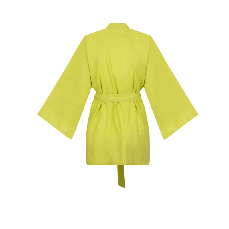 Wolfly damskie kimono lniane krótkie szlafrok z lnu wiązany limonkowy - 2