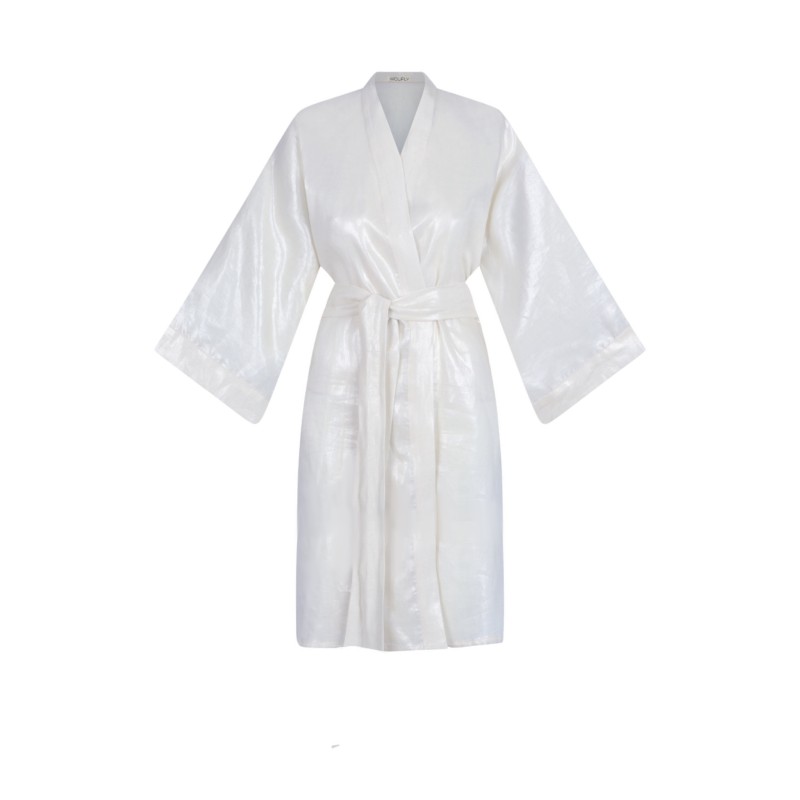 Wolfly damskie kimono długie lniane szlafrok z lnu białe z połyskiem - 1