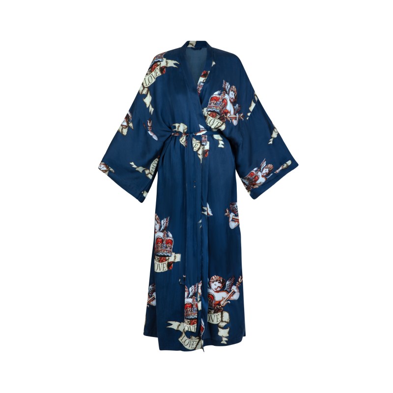 Wolfly damskie Kimono JEDWABNE długie granatowe w anioły - 2