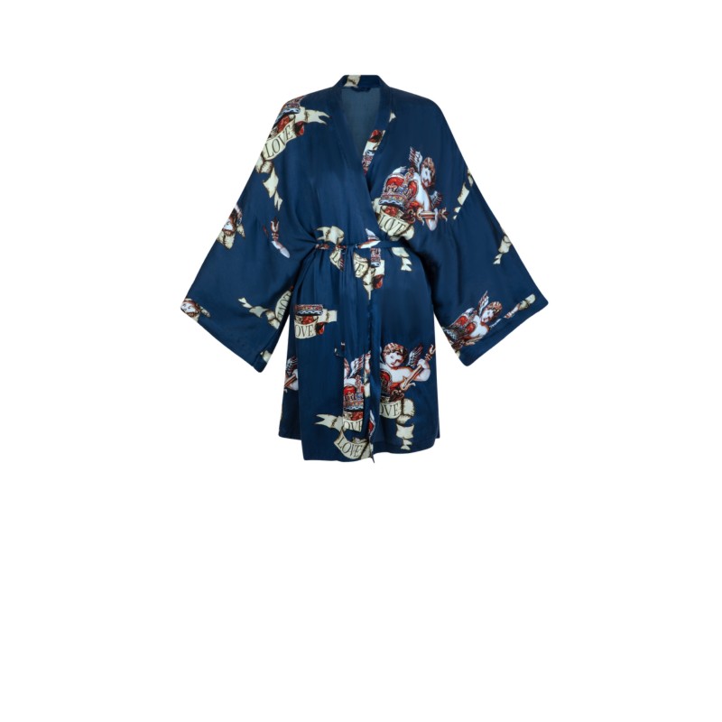 Wolfly damskie Kimono JEDWABNE krótkie granatowe w anioły - 1