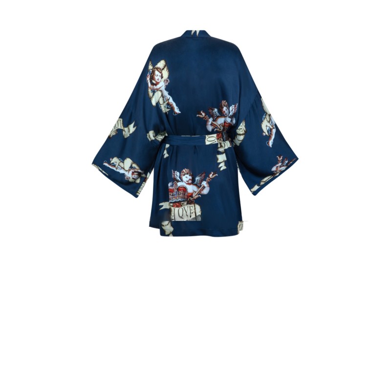 Wolfly damskie Kimono JEDWABNE krótkie granatowe w anioły - 2