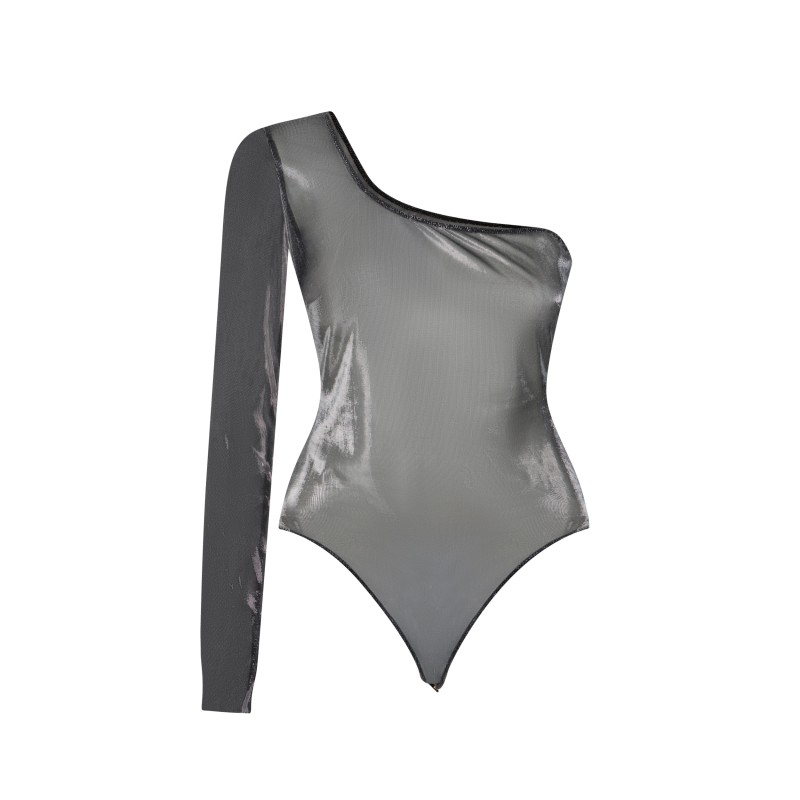 Wolfly damskie body na jedno ramię przeźroczyste srebrne - 1