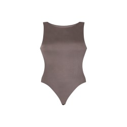 wolfly damskie eleganckie body basic bokserka zapinane w kroku mocha mouse połysk - 1