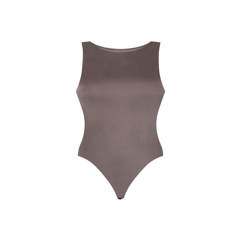 wolfly damskie eleganckie body basic bokserka zapinane w kroku mocha mouse połysk - 1