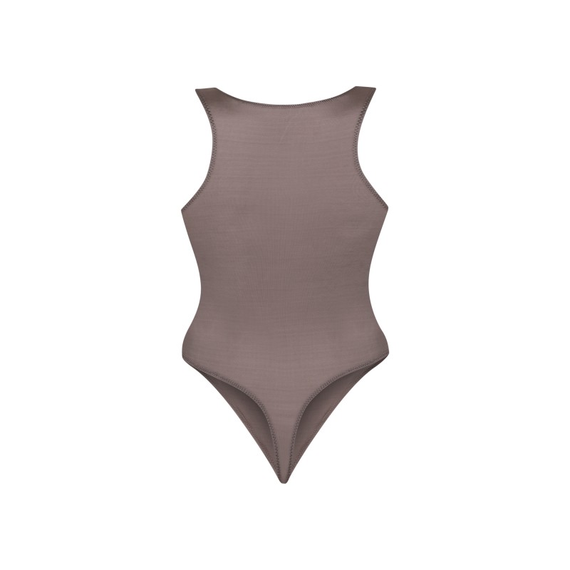 wolfly damskie eleganckie body basic bokserka zapinane w kroku mocha mouse połysk - 2