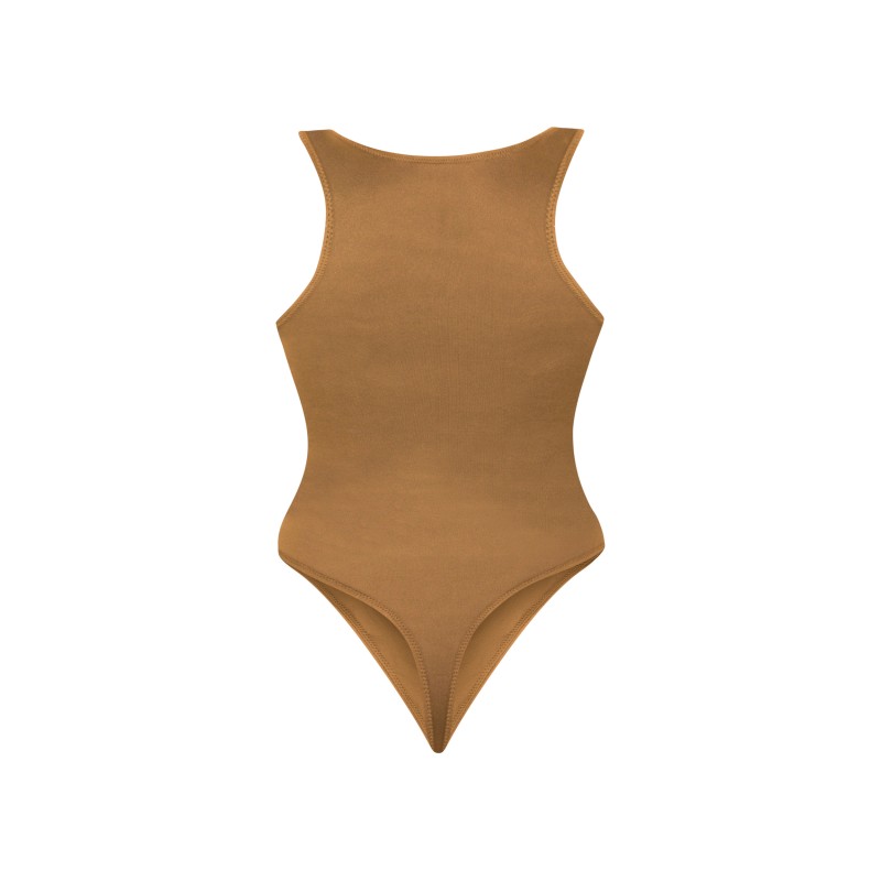 wolfly damskie eleganckie body basic bokserka zapinane w kroku Karmelowe - 2
