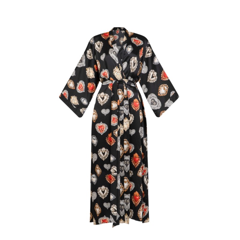 Kimono JEDWABNE długie / czarne serce - 1